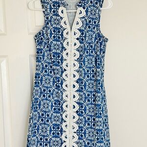 Elegant Blue and White Sleeveless Dress